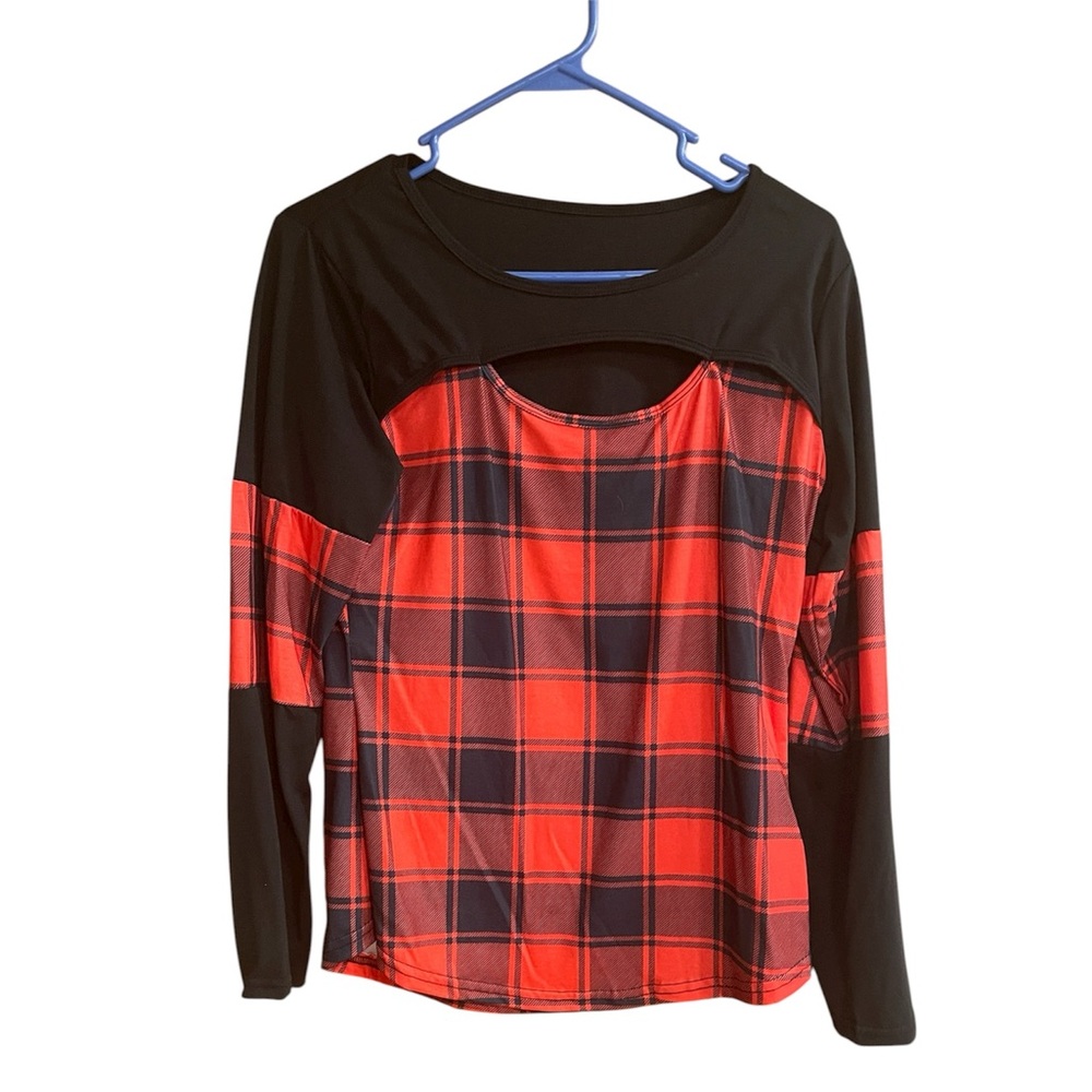 Red and Black Plaid Print Cutout Long Sleeve T-shirt Size Medium